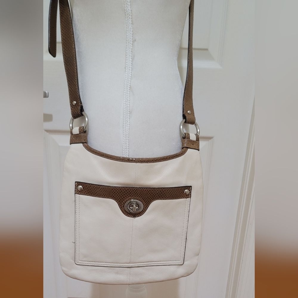 Coach Penelope Hippie Snake Skin Cream/Brown Crossbody Bag